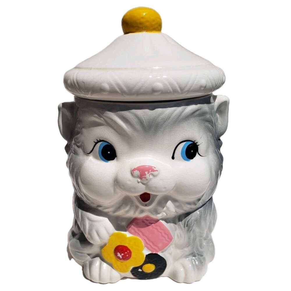 Vtg Davar Gray Kitty Cat 10.5” Ceramic Cookie Jar Made In Japan Anthromorphic